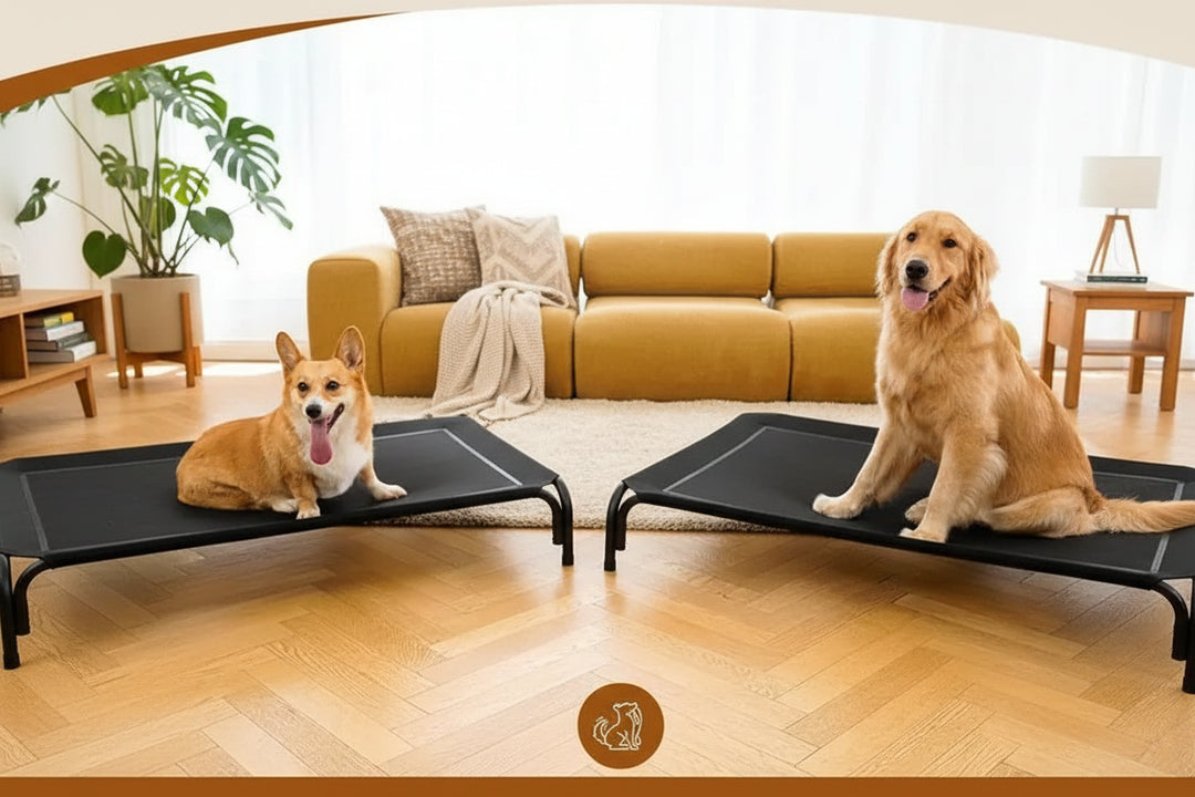 Two dogs on elevated pet beds in a living room setting.