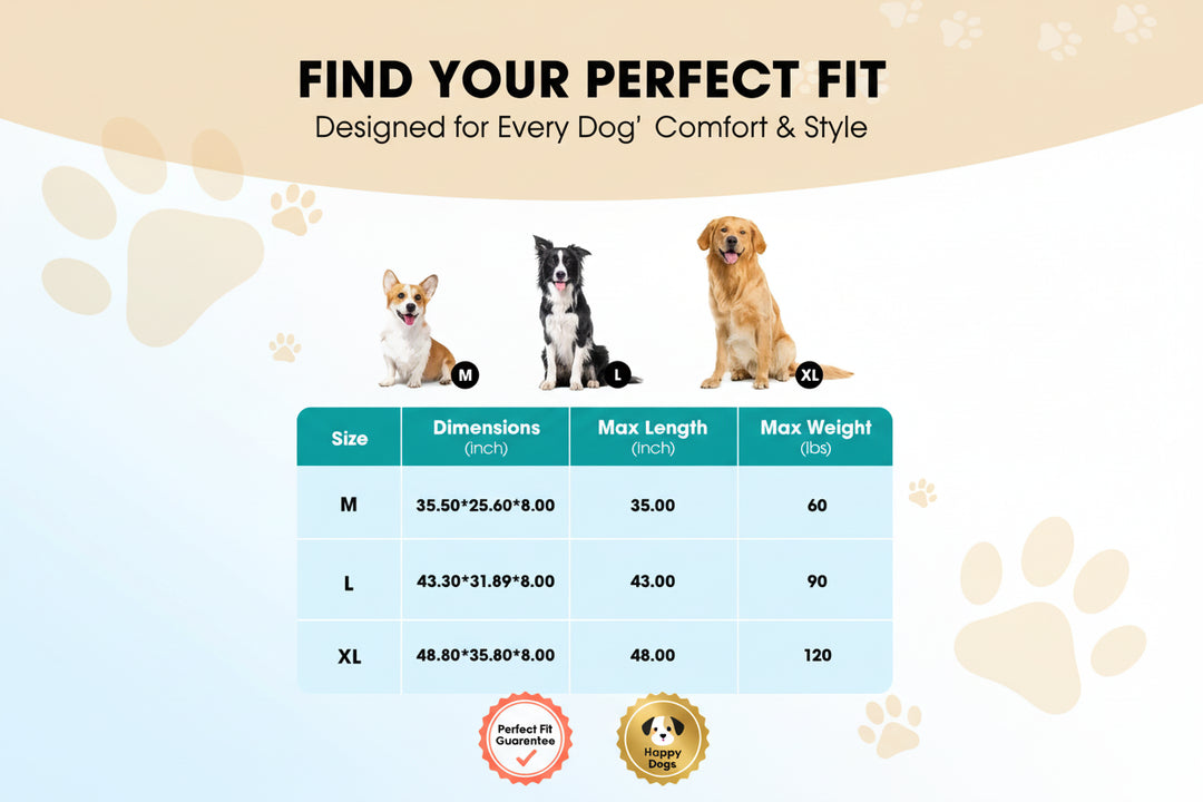 Size guide for dog coats with images of dogs and dimensions