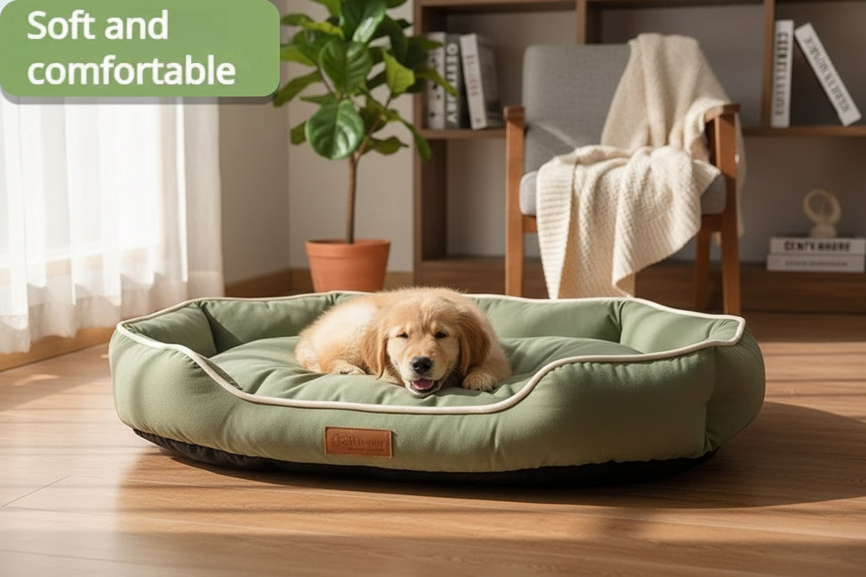 Green pet bed on a carpeted floor with a bookshelf in the background
