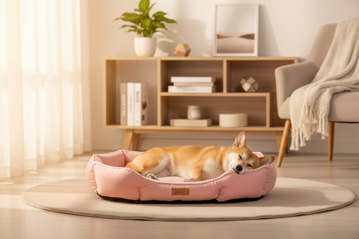 Dog lying on a pink pet bed in a cozy room with books and decor.